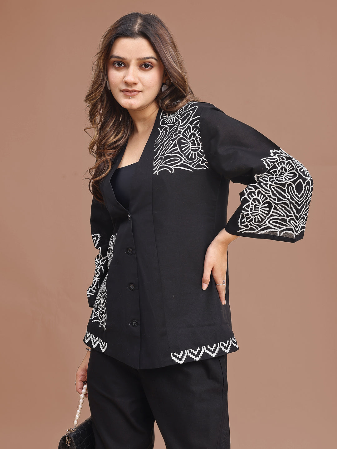 Black Colored Pure Cotton With Black Thread Embroidered Shirt & Trouser Co-ord Set